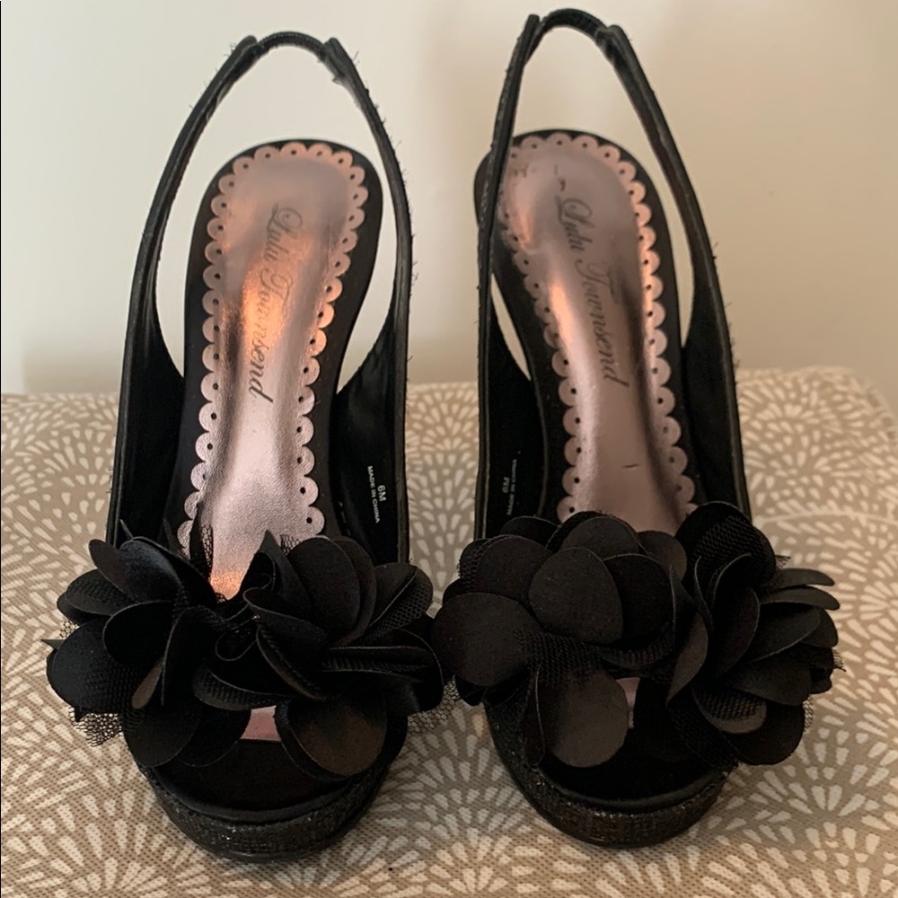 Lulu Townsend Black Stiletto & Glitter Slingback Heels Size 6